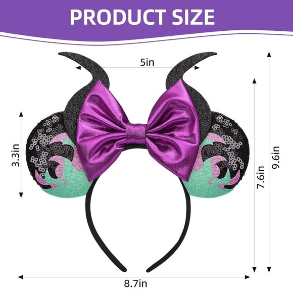 Minnie Mouse Ears Headband, Maleficent Horn Design, Costume Headwear, Purple, On - Picture 5 of 7